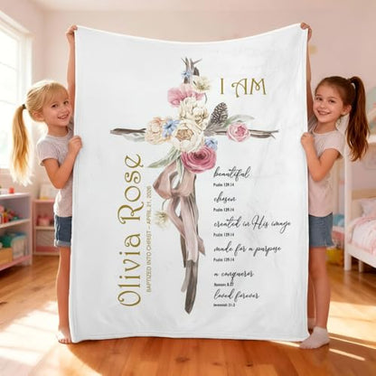 Personalized Baptism Blanket for Girl, Custom Floral Cross Baby Blanket, Christian Baby Girl Gift, Baptized in Christ Throw Blankets, Catholic Christening Blanket, Scripture - color: #Ver1
