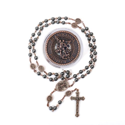 Nazareth Store St Michael Rosary Hematite Stone Beads Necklace Metal Beaded Glory Beads Archangel Medal & Cross with Metal Gift Box - color: Copper | Jesus Cross