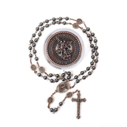 Nazareth Store St Michael Rosary Hematite Stone Beads Necklace Metal Beaded Glory Beads Archangel Medal & Cross with Metal Gift Box - color: Copper | Jesus Cross