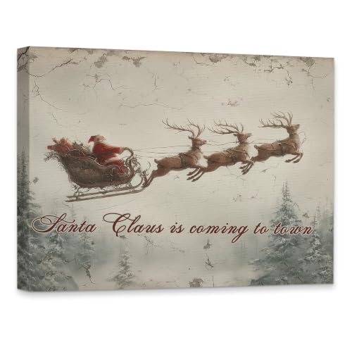 KSDUT Christmas Santa Sleigh and Reindeer Framed Wall Art 14x11 Inch - color: Christmas-19