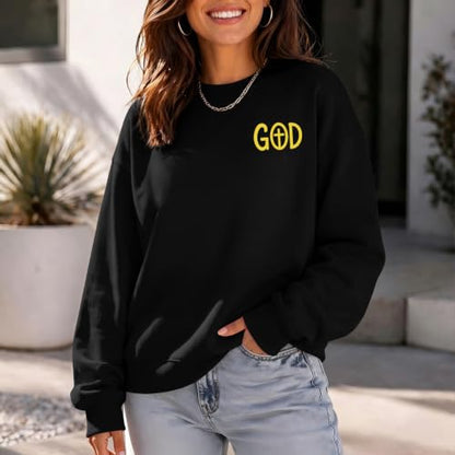 Christian Sweatshirts for Women God Jesus Sweatshirt Faith Bible Verse Crewneck Religious Inspirational Pullover Top - color: Black, size: Large