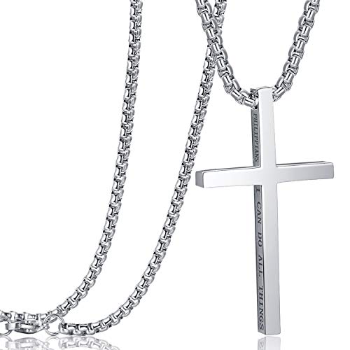 Stainless Steel Cross Pendant Necklaces for Men Women 24 Inch Chain - color: Silver