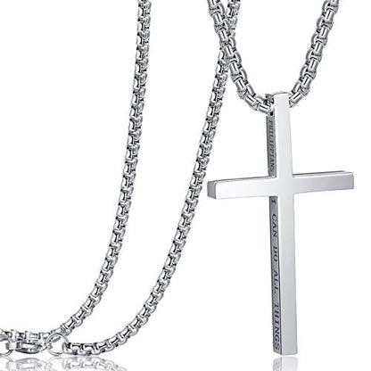 Stainless Steel Cross Pendant Necklaces for Men Women 24 Inch Chain - color: Silver