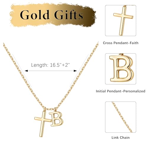 Cross Initial Necklace for Women, 14K Gold Plated Dainty Cross & Letter(A-Z) Pendant Necklace, Personalized Monogram Letter Christian Jewelry,Baptism First Communion Confirmation Easter Gift - color: B