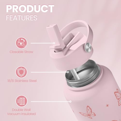 Butterfly Water Bottle Insulated Vacuum Stainless Steel 32oz with Lid, Gifts for Women Girls Teens Birthday Christmas - color: Butterfly