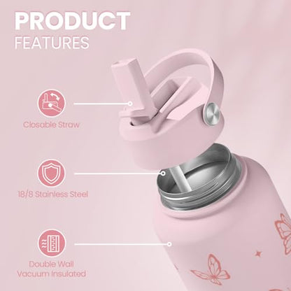 Butterfly Water Bottle Insulated Vacuum Stainless Steel 32oz with Lid, Gifts for Women Girls Teens Birthday Christmas - color: Butterfly