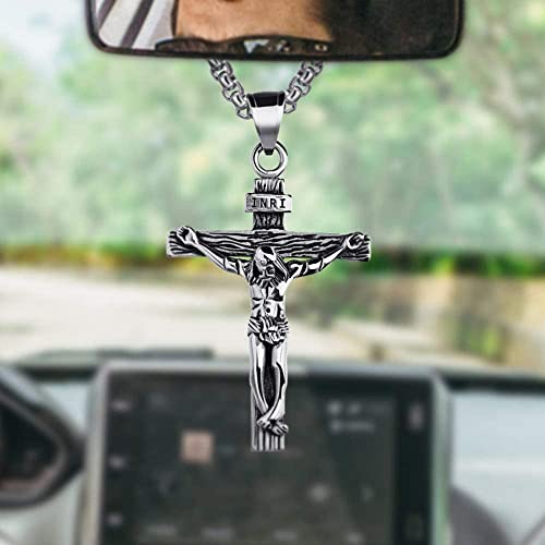 Cross Pendant for Car Rearview Mirror Charm Hanging Accessories Ornament Jesus Cross Necklace Jewelry Women Men Auto Interior Car Decor Crucifix Christian Religious Gift (Silver) - color: 810-Silver