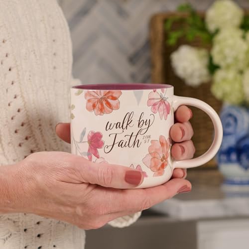 Christian Art Gifts Inspirational Scripture Ceramic Coffee & Tea Mug for Women: Walk by Faith Encouraging Bible Verse, Shiny Foil Accents, Sturdy Handle, White & Pink Multicolor Floral, 14 oz.