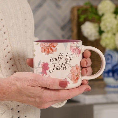 Christian Art Gifts Inspirational Scripture Ceramic Coffee & Tea Mug for Women: Walk by Faith Encouraging Bible Verse, Shiny Foil Accents, Sturdy Handle, White & Pink Multicolor Floral, 14 oz.