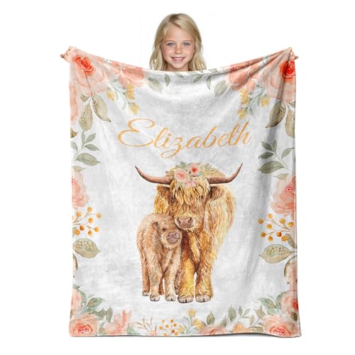 Personalized Baby Highlander Cow Blanket for Girls with Name - color: Highlander Cow