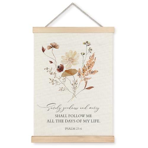 Supwhd Boho Floral Christian Wall Art with Wooden Poster Hanger, Goodness and Mercy Shall Follow Me Posters Wall Art Decor, Christian Wall Decor for Home Room, 12x16 - color: Psalm 23:6, size: 16"L x 12"W