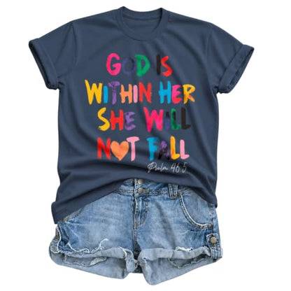 Sulayesh Christian Shirts for Women Jesus God is Within Her Tshirt Faith Inspirational Bible Verse Religious Graphic Tee Tops - color: Navy Blue, size: Small