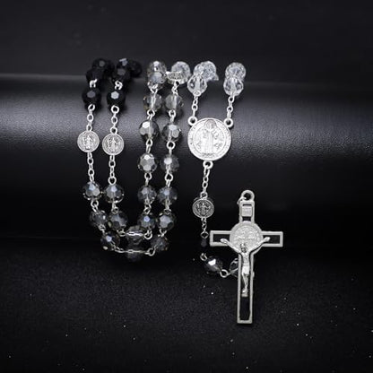 KOMI Crystal Rosary Beads with Jesus Crucifix, Catholic Necklace for Women First Communion Rosarios Wedding Rosary with Velvet Bag - style: 8MM-B