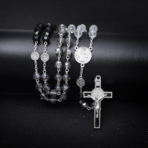 KOMI Crystal Rosary Beads with Jesus Crucifix, Catholic Necklace for Women First Communion Rosarios Wedding Rosary with Velvet Bag - style: 8MM-B
