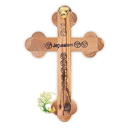 Wall Cross Flowers, Incense, Olive Leaf and Stones/Wooden Cross with Mother of Pearl Bethlehem Star from the Holy Land Made from Olive Wood - Crucfix for Communion, Baptism or Christening Gifts Medium