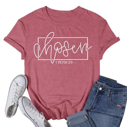 Women's Christian Shirt Christ Chosen T-Shirts Bible Verse Tee Tops - color: Pink, size: Large