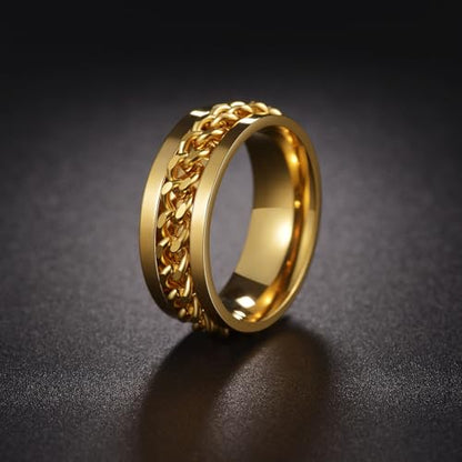 Mens Fidget Rings Anxiety Ring for Men 6mm 8mm Chain Spinner Ring Size 5-14 - color: Gold Gold