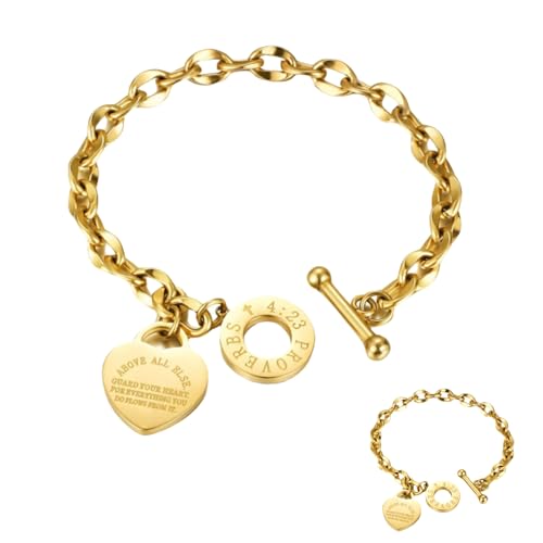 Heart Charm Bracelet Plated 18K Gold/Silver/Rose Gold Bible Scripture Heart Bracelet for Women Jewelry Gift Her Link Chain OT Clasp Stainless Steel - color: 18k Gold（9.1 inch）