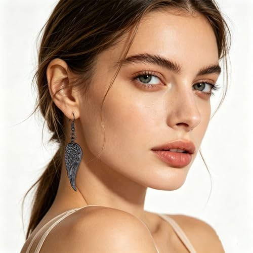 coadipress Angel Wing Earrings for Women Unique Silver Plated Fairy Feather Guardian Dangle Drop Hook Earrings Jewelry - color: Black Light Wing