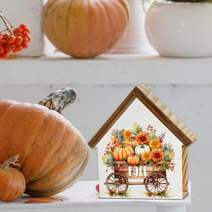 Fall Sign Decor, Pumpkin Harvest House Shaped Wood Block Sign - color: Fall-1