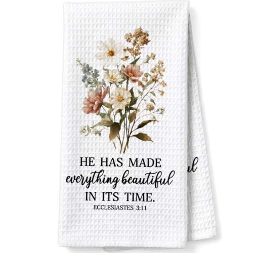 Christian Scripture Gifts Decorative Towels for Women Hostess Faith Prayer, Bible Verse Gifts Waffle Weave Kitchen Towels, He Has Made Everything Beautiful in its Time - color: Gray