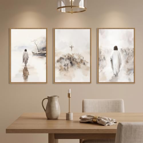 Jesus Christ Walking On Water Scenes Framed Canvas Wall Art Set-16"x24"x3 - color: Religious Christian Wall Art, size: 16"L x 24"W