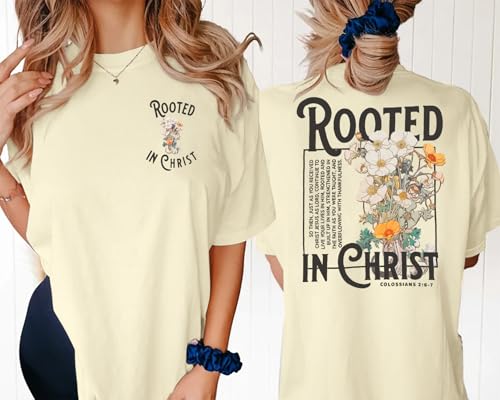 Rooted in Christ Shirt Christian Shirts for Women Jesus Oversized Tshirt - color: Beige, size: Large
