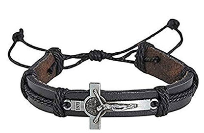 Christian Brands St Benedict Medal Crucifix Leather Bracelet, Set of 2