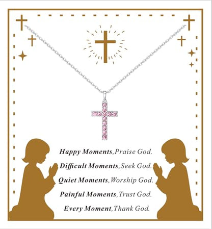 Birthstone Cross Necklace for Women,First Communion Gifts Easter Baptism Cross Jewelry Pendant Gift - color: 10October-Tourmaline Pink