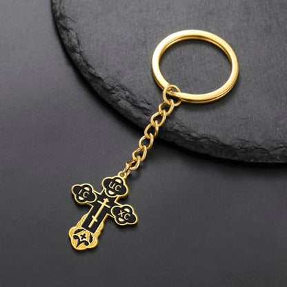 TEAMER Cross Keychain Russian Orthodox Crucifix Eastern Church Keychain Religious Christian Prayer Jewelry for Men Women - color: Black Gold