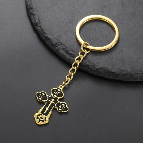 TEAMER Cross Keychain Russian Orthodox Crucifix Eastern Church Keychain Religious Christian Prayer Jewelry for Men Women - color: Black Gold