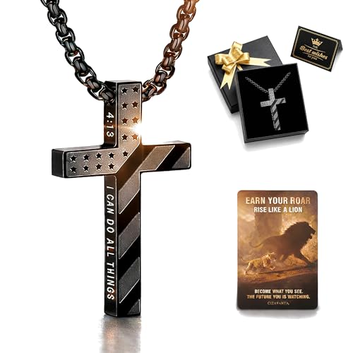 Black American Flag Cross Necklace for Men, Philippians 4:13 Bible Verse