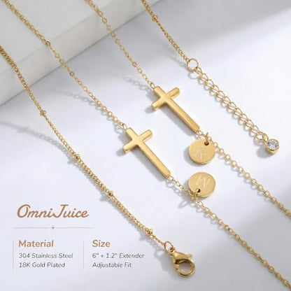 Cross Bracelet Set for Women, 18K Gold Plated Stainless Steel, Minimalist Cross & Initial Letter Charm, Adjustable Layered Bracelets with Gift Box and Inspirational Cards - color: Gold-O