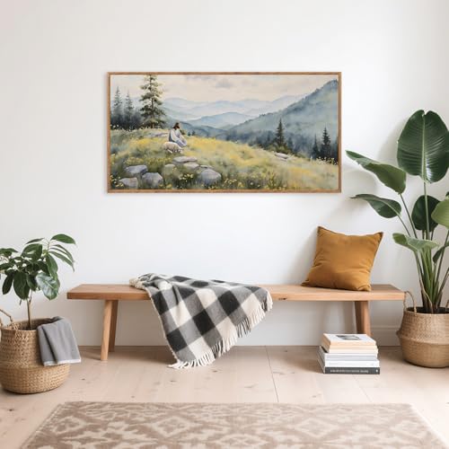Aurlan Jesus Lost Sheep Psalm 23 Framed Canvas Wall Art 40x20 Inch - color: Jesus Lamb Landscape, size: 40"L x 20"W