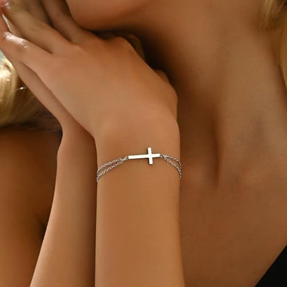 18K Gold Plated Pearl Beaded Cross Bracelets for Women Adjustable - color: Double O Cross-White Gold