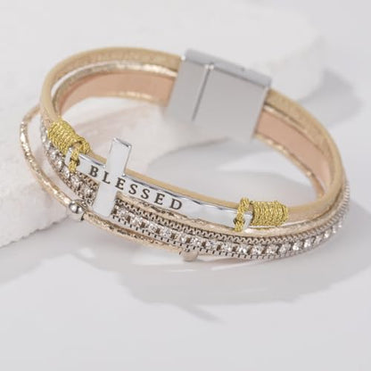 Christian Cross Leather Bracelets Boho Western Blessing Religious Jewelry - color: Champagne