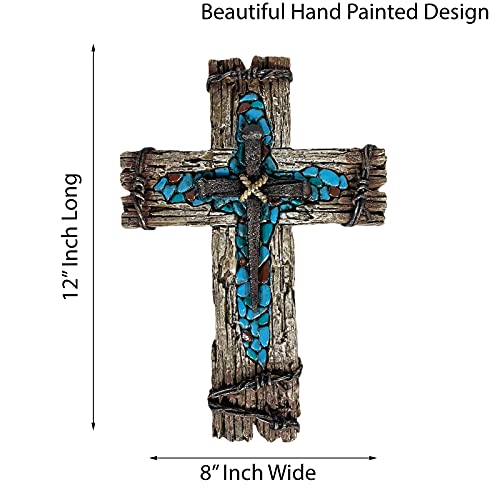 Urbalabs Western Distressed Railroad Spike Teal Barbwire Country Ranch Wall Decor 12 Christian Wall Cross Decor Marriage Gifts Tooled Wall Hanging Crosses Turquoise Gem Stone