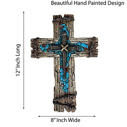 Urbalabs Western Distressed Railroad Spike Teal Barbwire Country Ranch Wall Decor 12 Christian Wall Cross Decor Marriage Gifts Tooled Wall Hanging Crosses Turquoise Gem Stone
