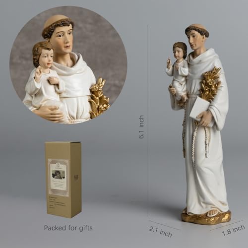 BC Catholic St. Anthony Statue, 6" H Blessed Saint Figure - color: Gold&white St. Anthony