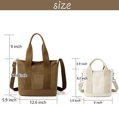 Canvas Tote Bag for Women,Small Totes Bags with Zipper Crossbody Purse with Pockets Large Shoulder Handbag,2 Sizes - color: Brown, size: Small