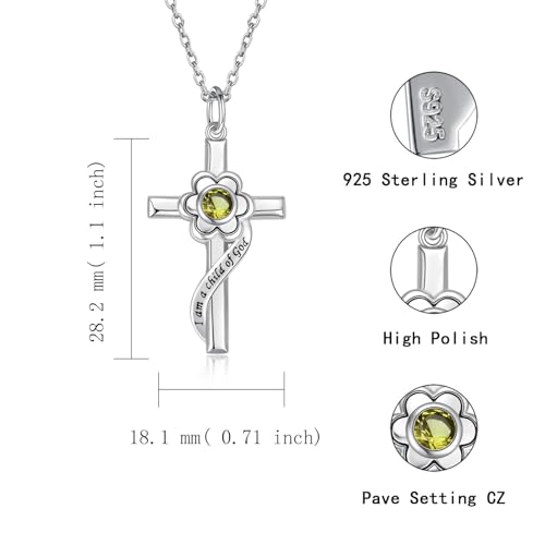 I am a Child of God Necklace - 925 Sterling Silver Birthstone Flower Cross Pendant Religious Jewelry Baptism First Communion Confirmation Gifts for Girls - style: Aug.