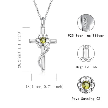 I am a Child of God Necklace - 925 Sterling Silver Birthstone Flower Cross Pendant Religious Jewelry Baptism First Communion Confirmation Gifts for Girls - style: Aug.