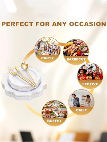 WDF 175Pcs Gold Plates Disposable - White and Gold Plastic Plates 25guest Plastic Dinnerware Ideal for Party/Wedding/Thanksgiving/Fall/Rosh Hashanah - color: White and Gold, size: 175 pieces