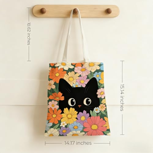 Canvas Tote Bags Reusable Shopping Bag for Women with Zippered Inner Pocket Magnetic Snap Closure - color: Black Cat 2