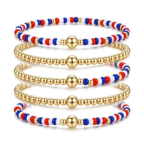 Gold Pearl Beaded Cross Bracelets Stack Set for Women, Boho Handmade Colorful Small Beads Stretchable Jewelry Friendship Summer Trendy Gift. - color: USA