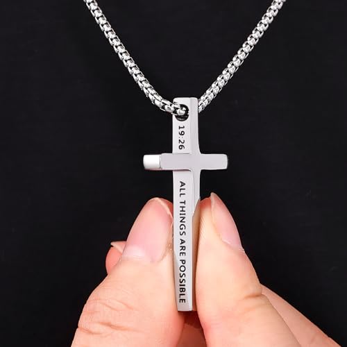 Fiusem Cross Necklace for Men, Stainless Steel Cross Pendant STXL023 - color: Silver, size: 22", style: MATTHEW 19:26