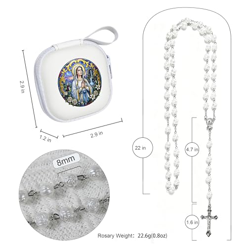 Handmade Rosary Beads for Women, Elegant Catholic Gifts for First Communion, Confirmation & Spiritual Prayer, Unique Beaded Rosary Necklace with Zippered Case - color: White - Our Lady of Lourdes
