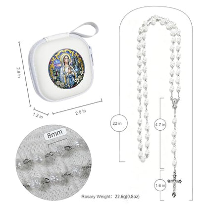 Handmade Rosary Beads for Women, Elegant Catholic Gifts for First Communion, Confirmation & Spiritual Prayer, Unique Beaded Rosary Necklace with Zippered Case - color: White - Our Lady of Lourdes