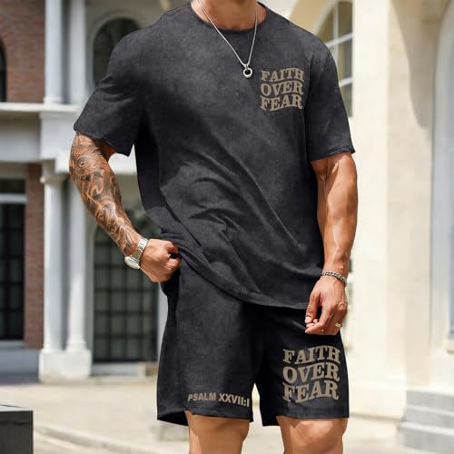 Men's Christian Shirt and Shorts Set Oversized Faith Over Fear T Shirt Washed Religious Bible Verse 2 Piece Outfits - color: Black, size: Medium