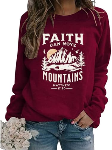 Faith Can Move Mountains Sweatshirt for Women Christian Crewneck Pullover - color: Red, size: Medium